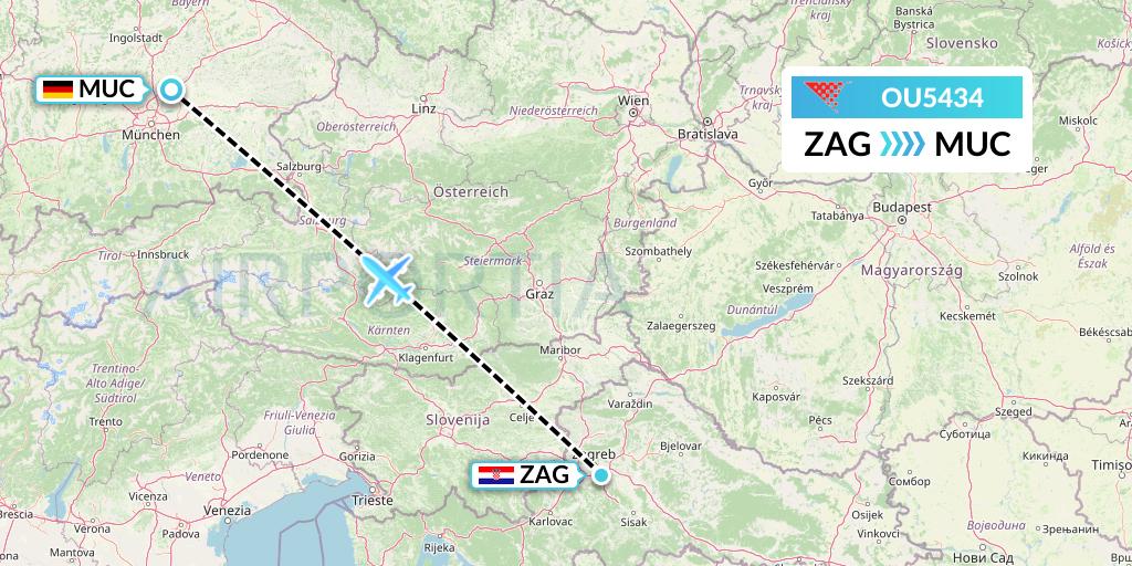 OU5434 Croatia Airlines Flight Map: Zagreb to Munich