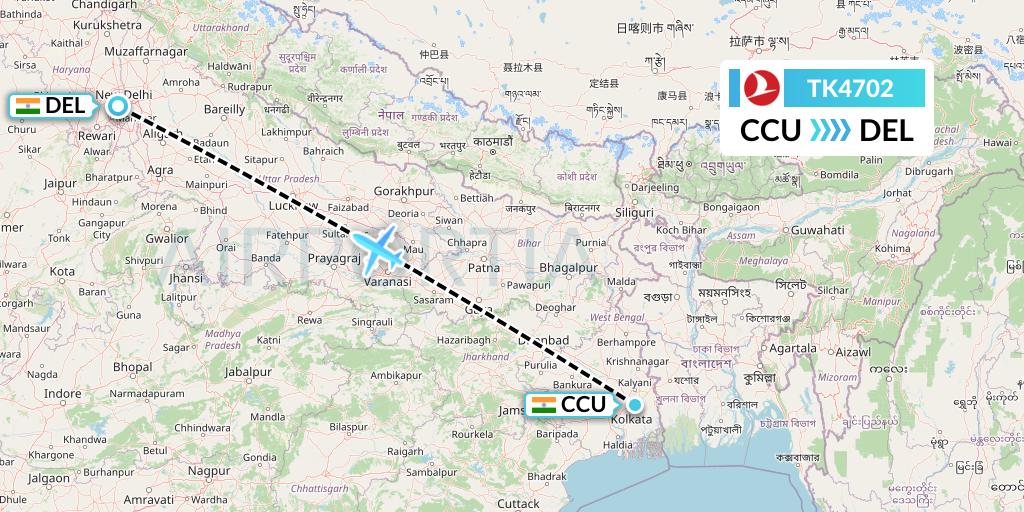 TK4702 Turkish Airlines Flight Map: Kolkata to Delhi