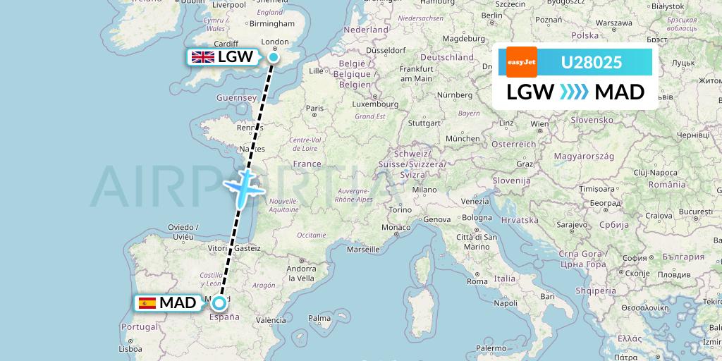 U28025 EasyJet Flight Map: London to Madrid