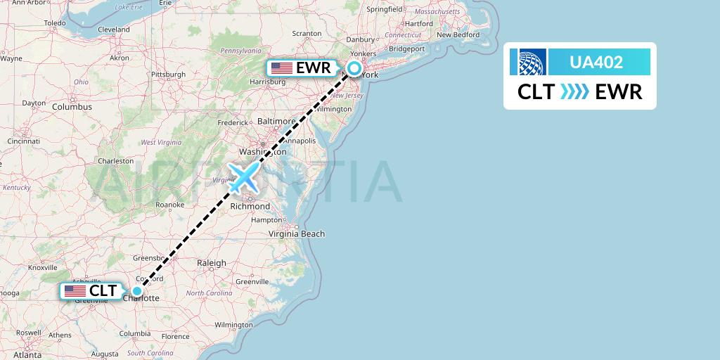UA402 United Airlines Flight Map: Charlotte to New York