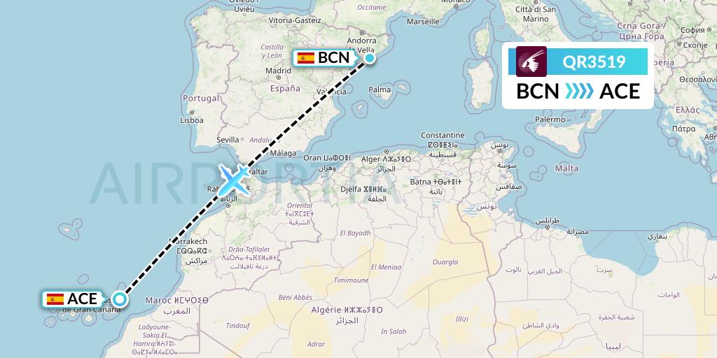 QR3519 Qatar Airways Flight Map: Barcelona to Lanzarote