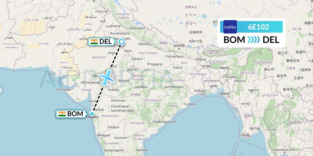 6E102 IndiGo Airlines Flight Map: Mumbai to Delhi