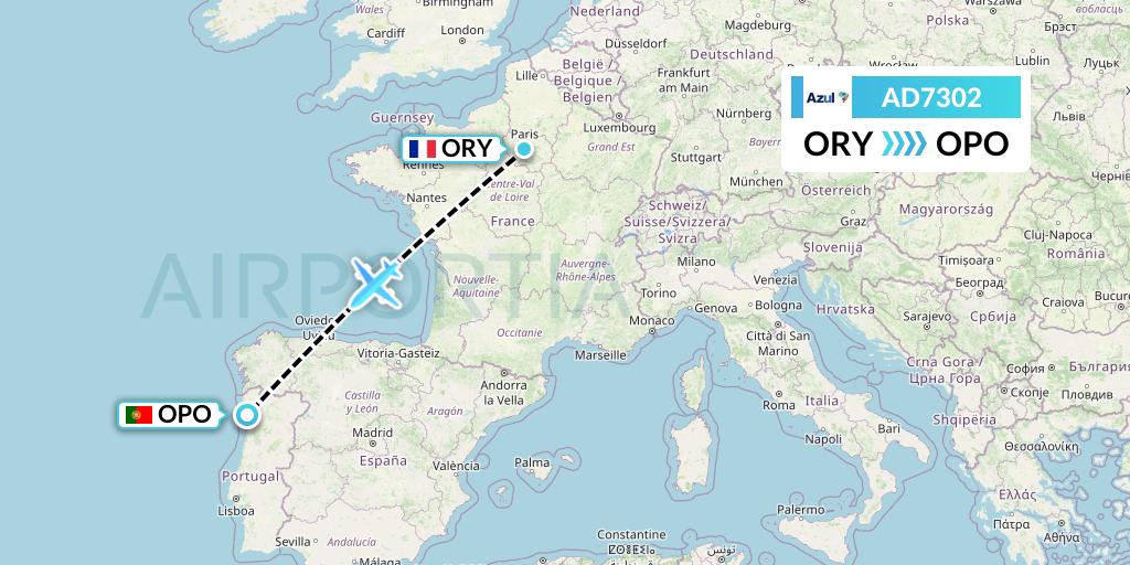AD7302 Azul Brazilian Airlines Flight Map: Paris to Porto