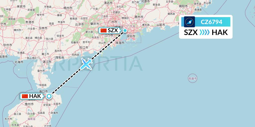 CZ6794 China Southern Airlines Flight Map: Shenzhen to Haikou