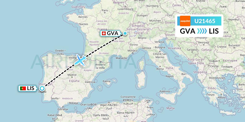 U21465 EasyJet Flight Map: Geneva to Lisbon
