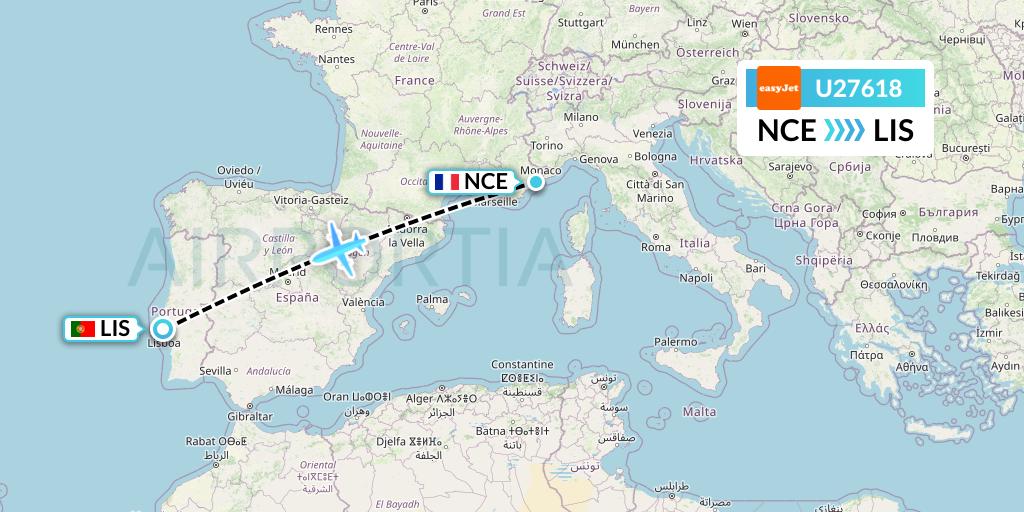 U27618 EasyJet Flight Map: Nice to Lisbon