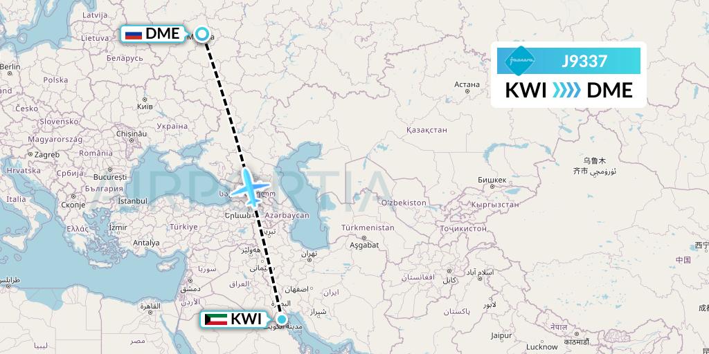 J9337 Jazeera Airways Flight Map: Kuwait City to Moscow