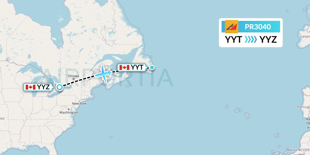 PR3040 Philippine Airlines Flight Map: St. John's to Toronto