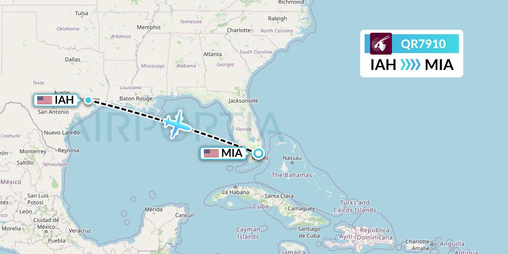 QR7910 Qatar Airways Flight Map: Houston to Miami