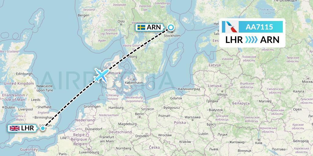 AA7115 American Airlines Flight Map: London to Stockholm