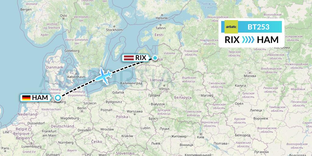 BT253 Air Baltic Flight Map: Riga to Hamburg