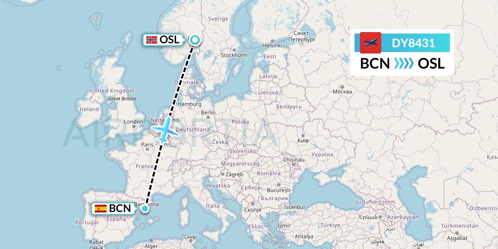 DY8431 Norwegian Flight Map: Barcelona to Oslo