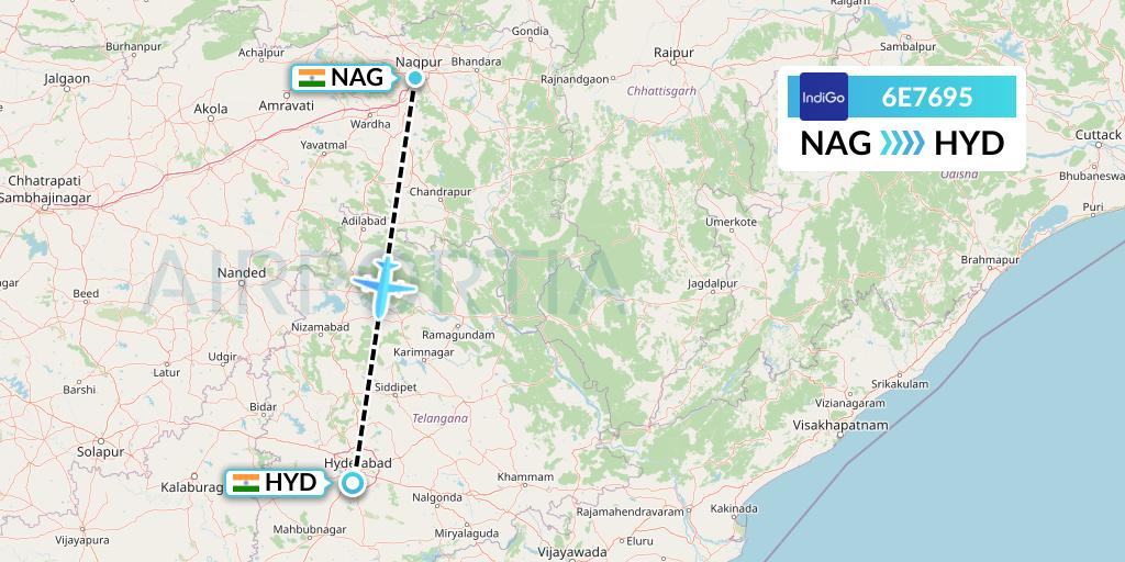 6E7695 IndiGo Airlines Flight Map: Nagpur to Hyderabad
