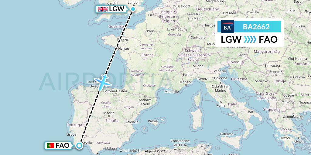BA2662 British Airways Flight Map: London to Faro