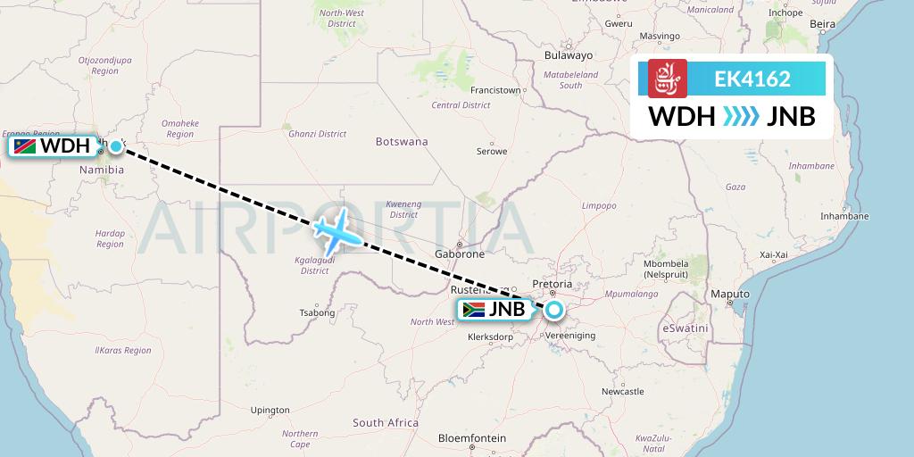 EK4162 Emirates Flight Map: Windhoek to Johannesburg