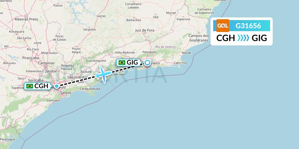 G31656 GOL Transportes Aeros Flight Map: Sao Paulo to Rio de Janeiro