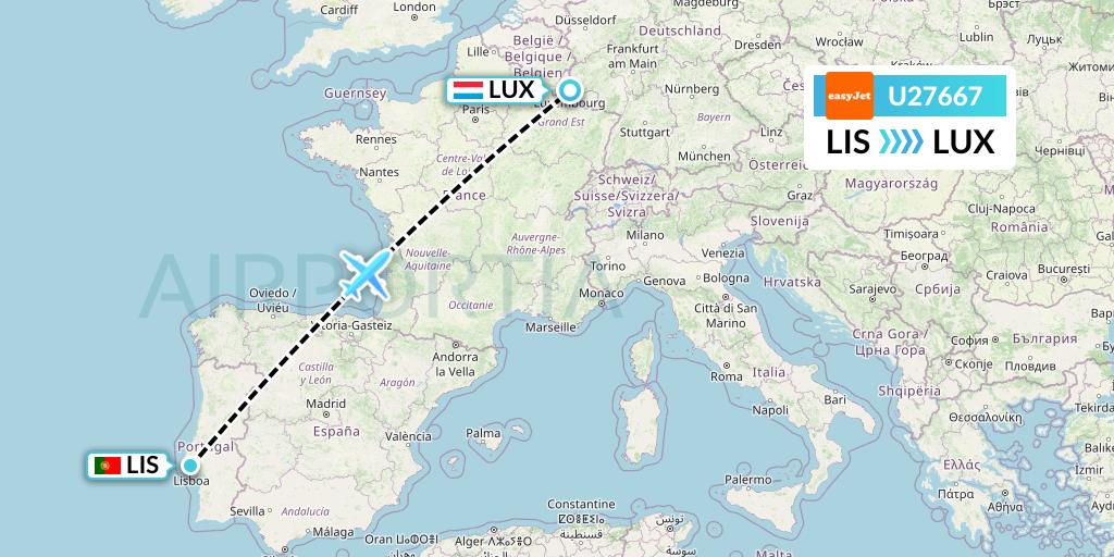 U27667 EasyJet Flight Map: Lisbon to Luxembourg