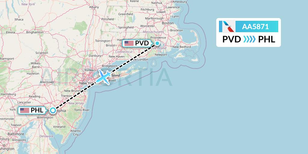 AA5871 American Airlines Flight Map: Providence to Philadelphia