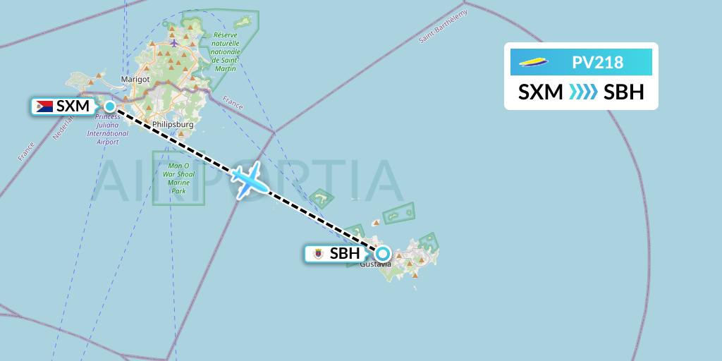 PV218 St. Barth Commuter Flight Map: Sint Maarten to St. Jean