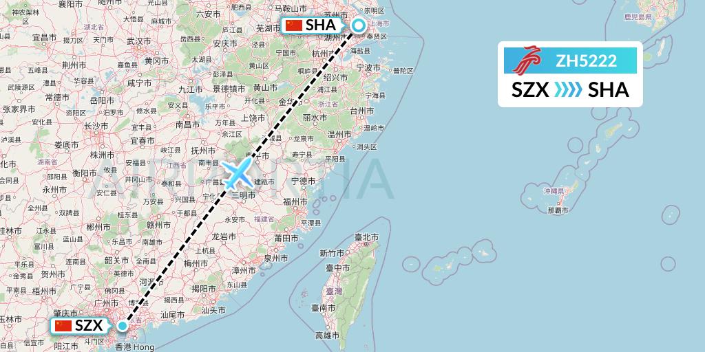 ZH5222 Shenzhen Airlines Flight Map: Shenzhen to Shanghai