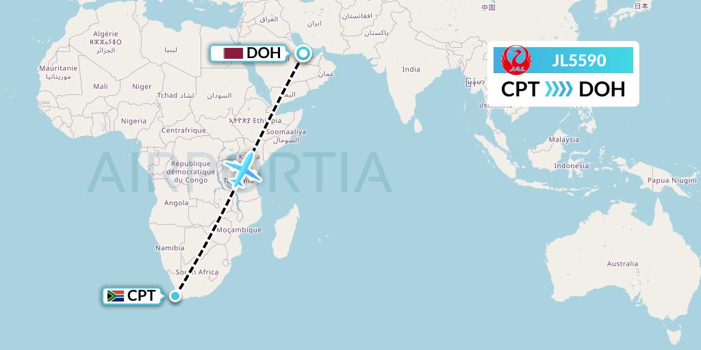 JL5590 Japan Airlines Flight Map: Cape Town to Doha