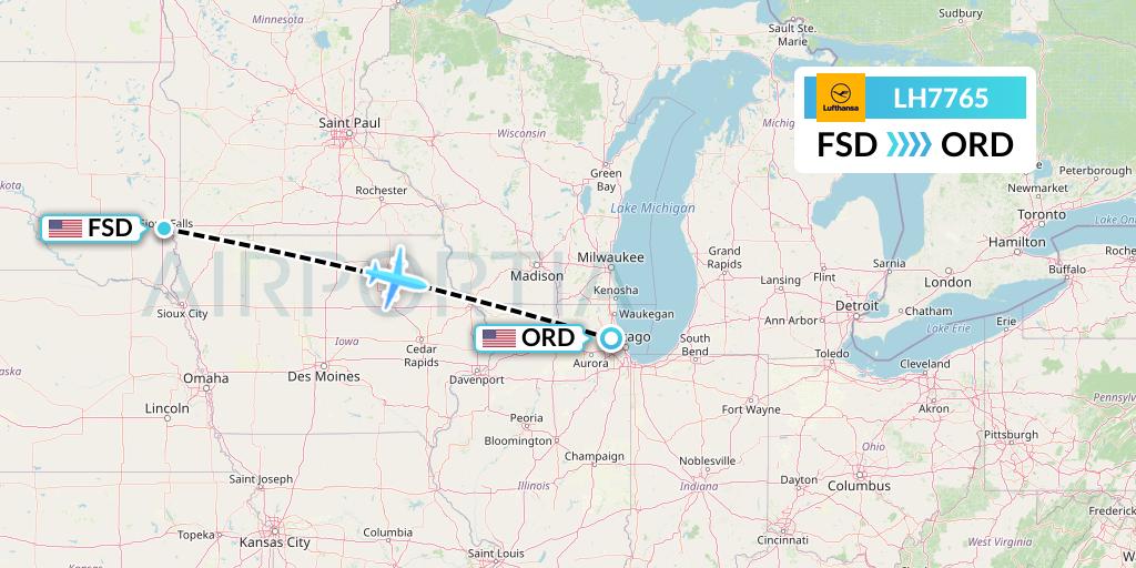 LH7765 Lufthansa Flight Map: Sioux Falls to Chicago