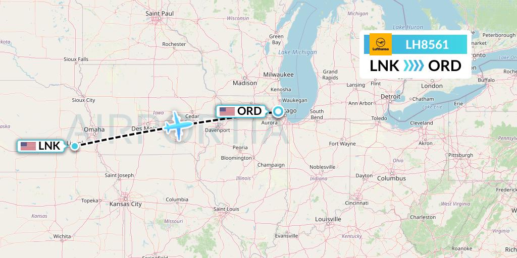 LH8561 Lufthansa Flight Map: Lincoln to Chicago