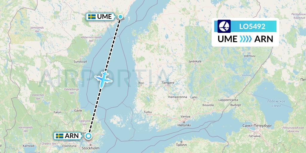 LO5492 LOT Flight Map: Umea to Stockholm