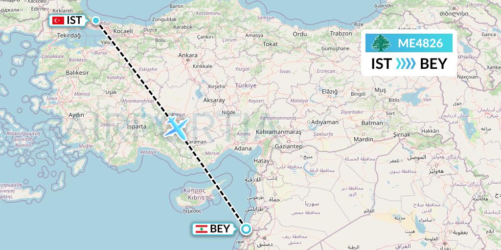 ME4826 MEA Flight Map: Istanbul to Beirut