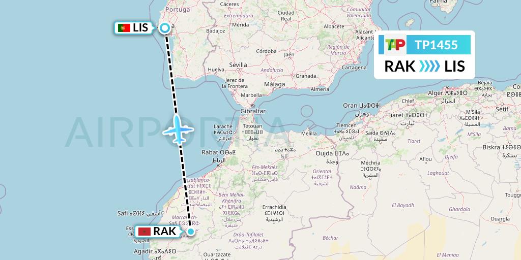 TP1455 TAP Portugal Flight Map: Marrakesh to Lisbon