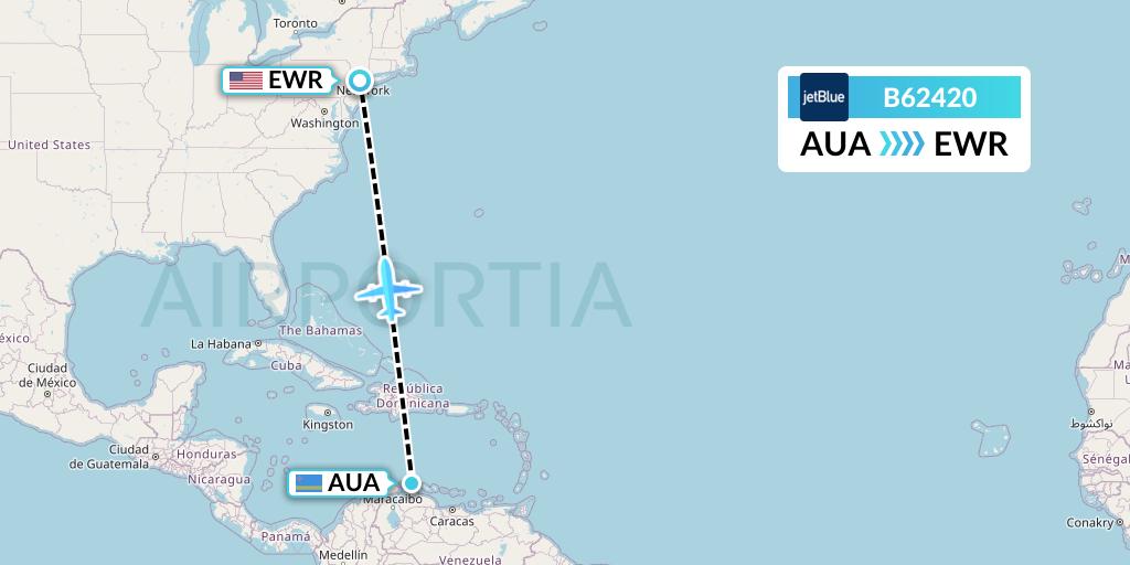 B62420 JetBlue Airways Flight Map: Oranjestad to New York