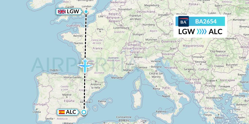 BA2654 British Airways Flight Map: London to Alicante