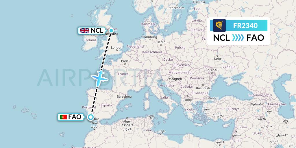 FR2340 Ryanair Flight Map: Newcastle to Faro