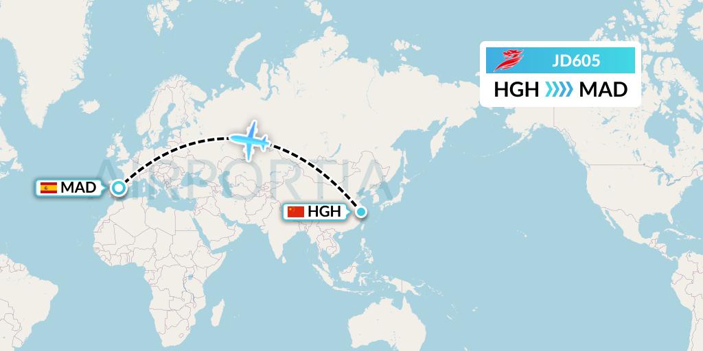 JD605 Capital Airlines Flight Map: Hangzhou to Madrid