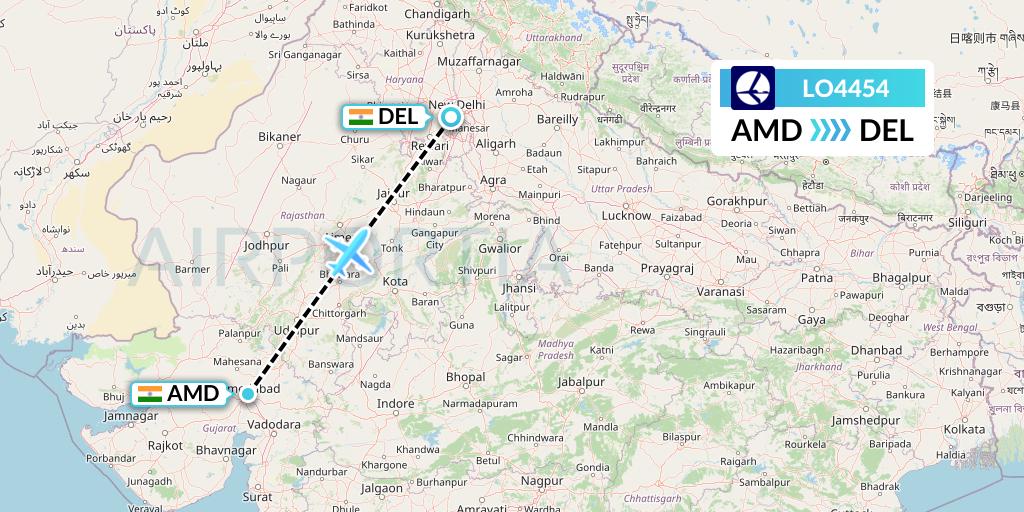LO4454 LOT Flight Map: Ahmedabad to Delhi