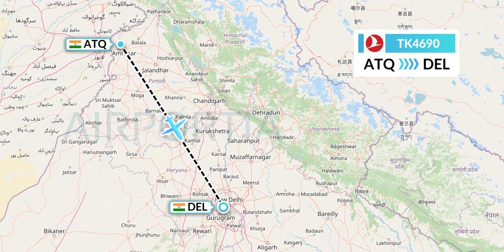 TK4690 Turkish Airlines Flight Map: Amritsar to Delhi