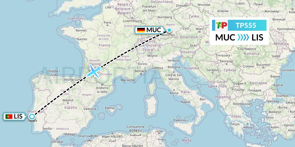 TP555 TAP Portugal Flight Map: Munich to Lisbon