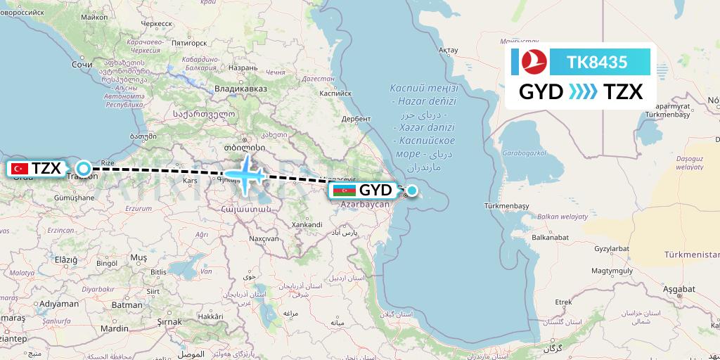 TK8435 Turkish Airlines Flight Map: Baku to Trabzon