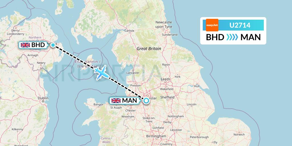 U2714 EasyJet Flight Map: Belfast to Manchester