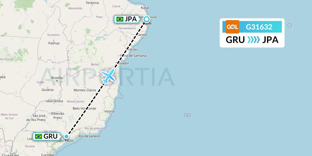 G31632 GOL Transportes Aeros Flight Map: Sao Paulo to Joao Pessoa