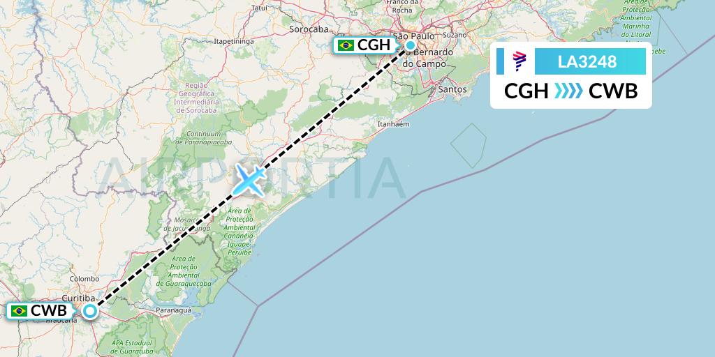LA3248 LAN Airlines Flight Map: Sao Paulo to Curitiba