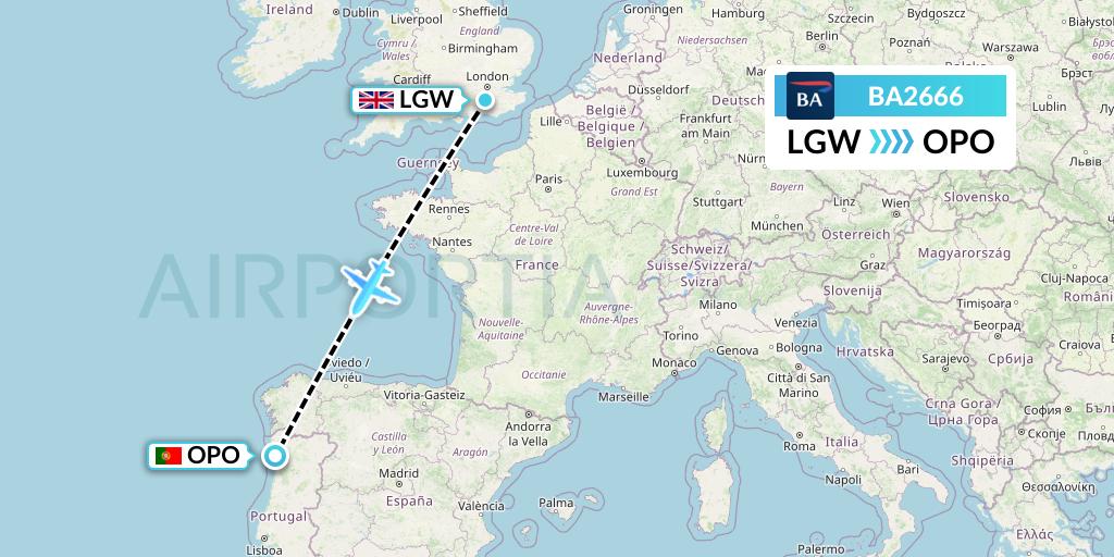 BA2666 British Airways Flight Map: London to Porto
