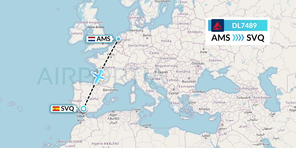 DL7489 Delta Air Lines Flight Map: Amsterdam to Seville