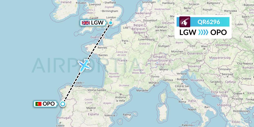 QR6296 Qatar Airways Flight Map: London to Porto
