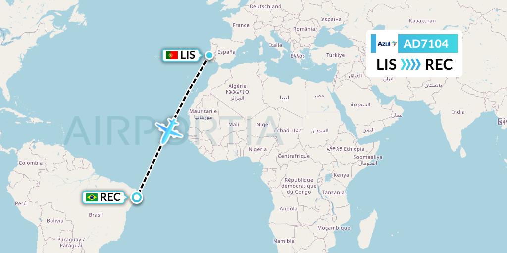 AD7104 Azul Brazilian Airlines Flight Map: Lisbon to Recife