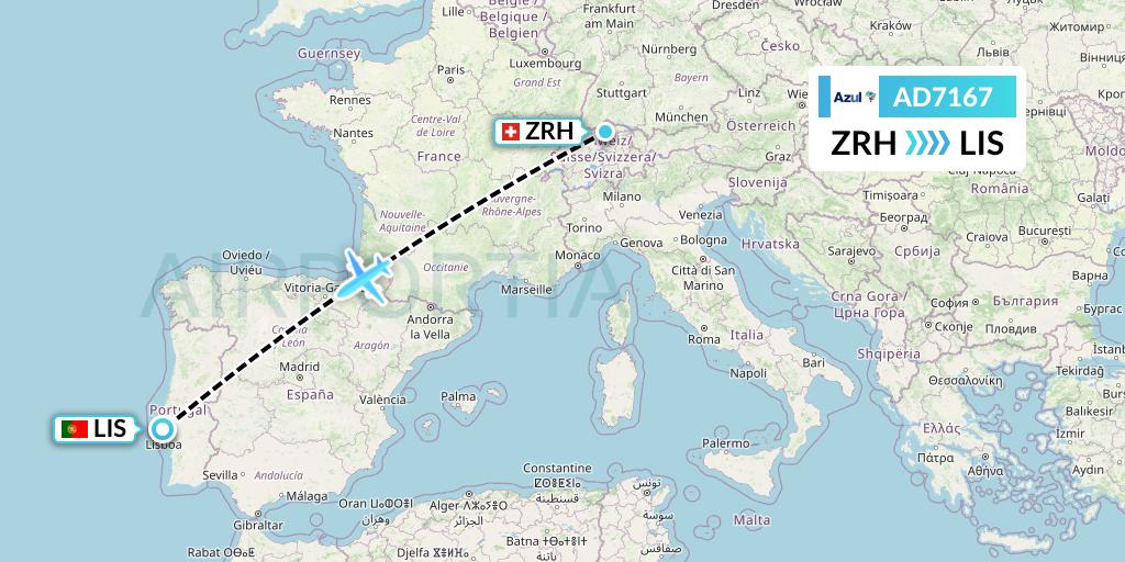 AD7167 Azul Brazilian Airlines Flight Map: Zurich to Lisbon