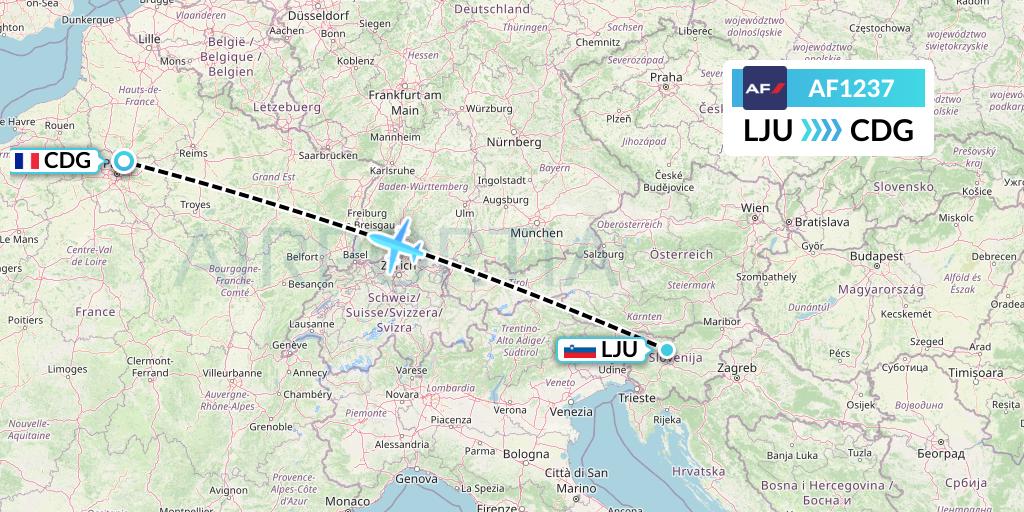 AF1237 Air France Flight Map: Ljubljana to Paris