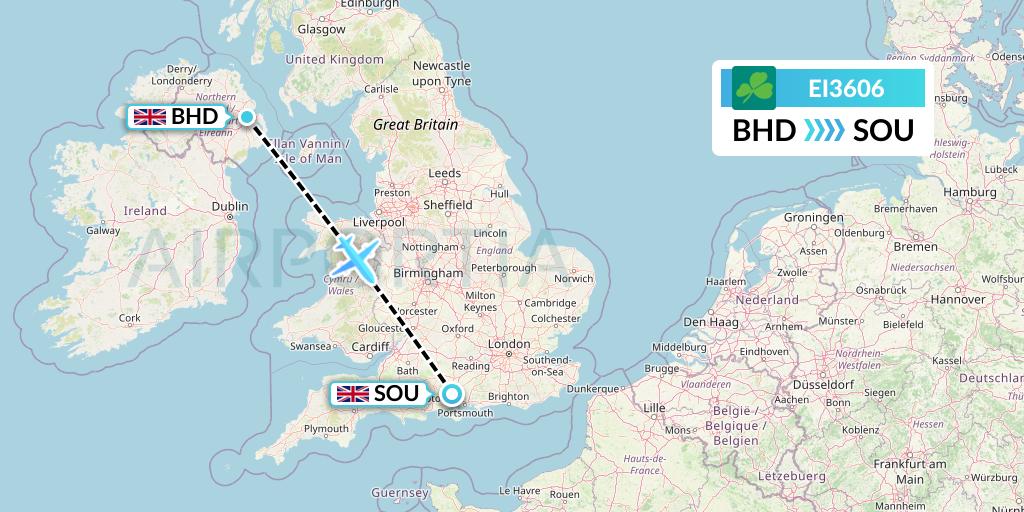 EI3606 Aer Lingus Flight Map: Belfast to Southampton