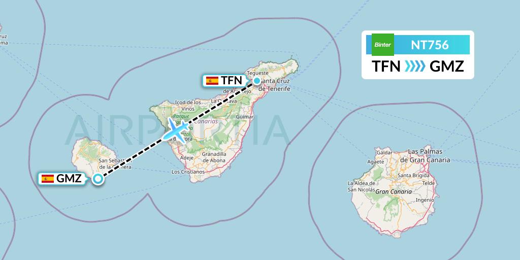 NT756 Binter Canarias Flight Map: Tenerife to La Gomera