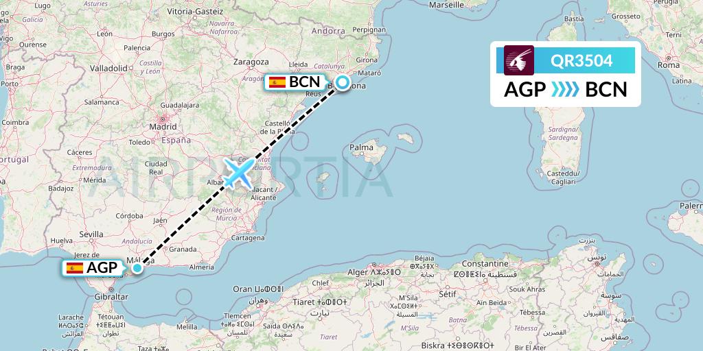 QR3504 Qatar Airways Flight Map: Malaga to Barcelona